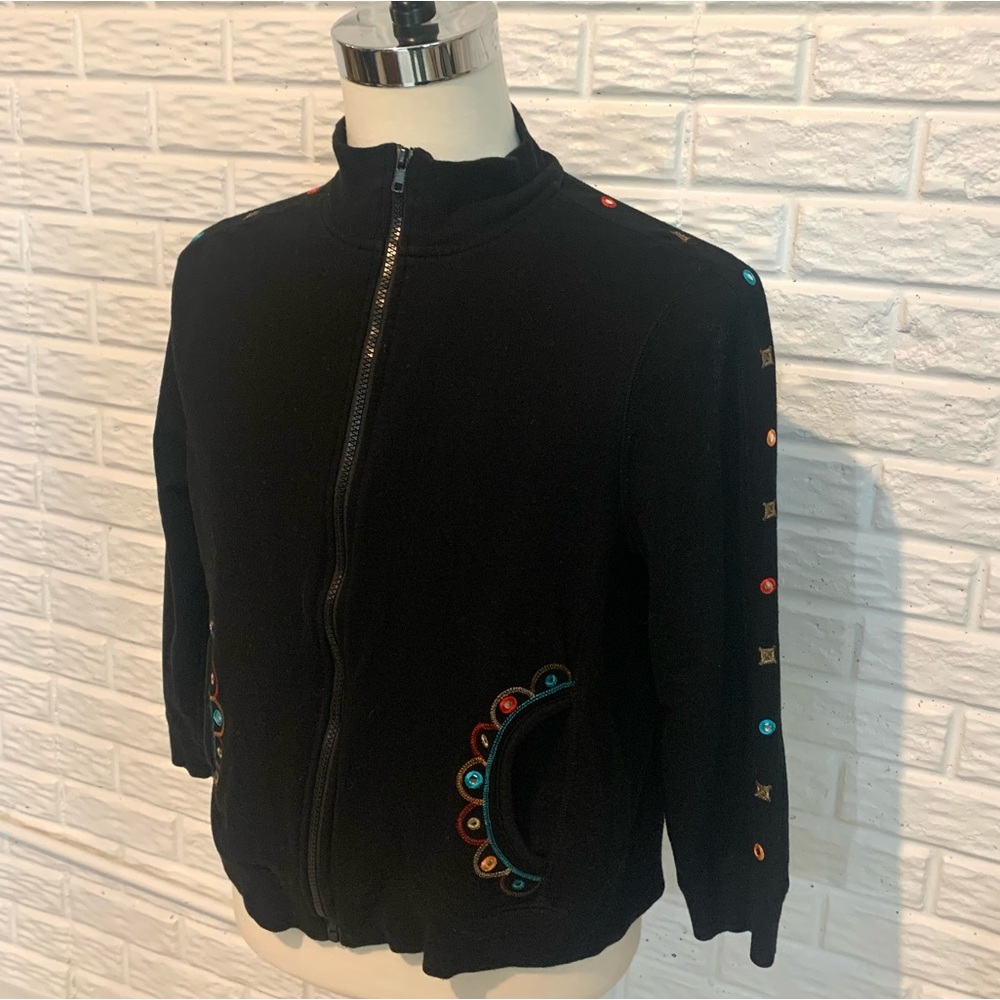 Onque Casuals Black Zip Up with Geometric Embroidered Detail